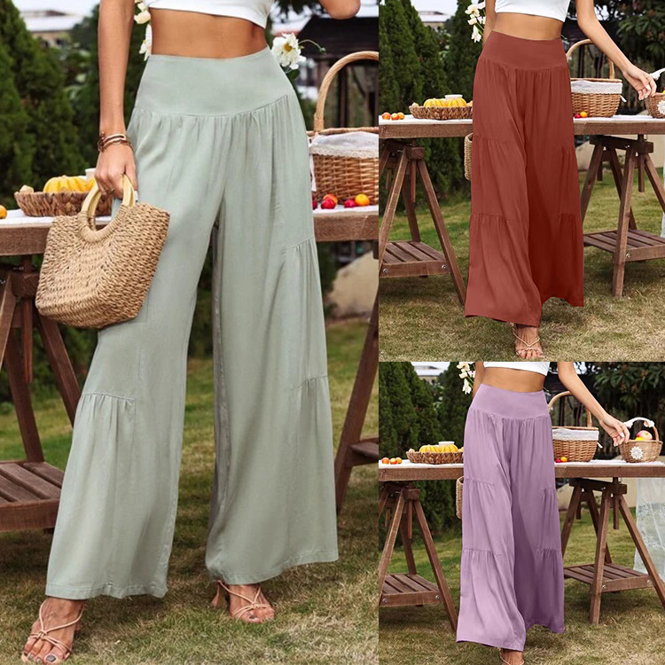 In Stock 2026 European and American Summer Aliexpress Amazon Casual Wide-Leg Cotton and Linen Popular High-Waisted Loose Long Pants Women's Pants