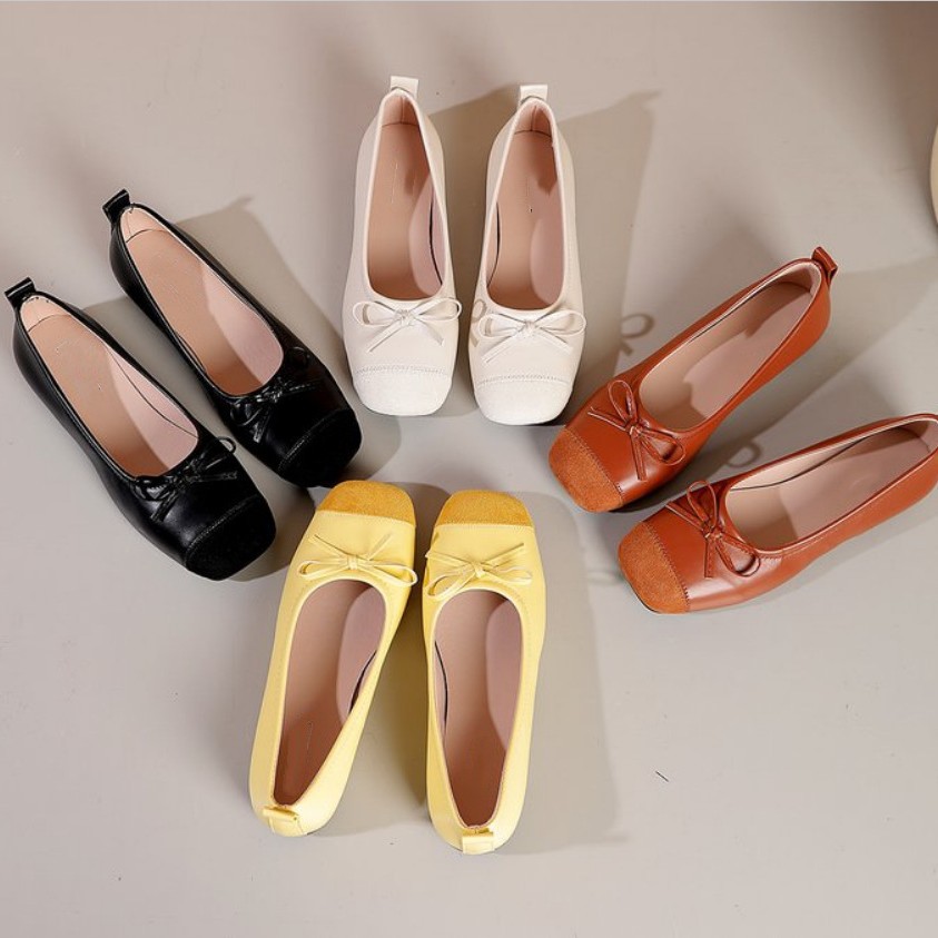 Soft-Soled, Ultra-Comfortable French-Style Gentle Square-Toe Mary Jane Shoes for Women with Bowknot, Shallow Mouth, Flat Ballet Shoes