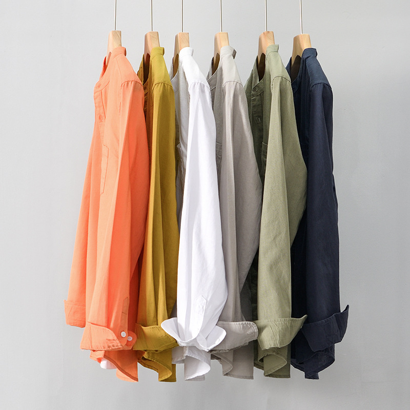 L968 Casual Simple Long Sleeve Linen Loose Outer Wear Shirt Top Inner Shirt Cotton Linen Collar Shirt Men's