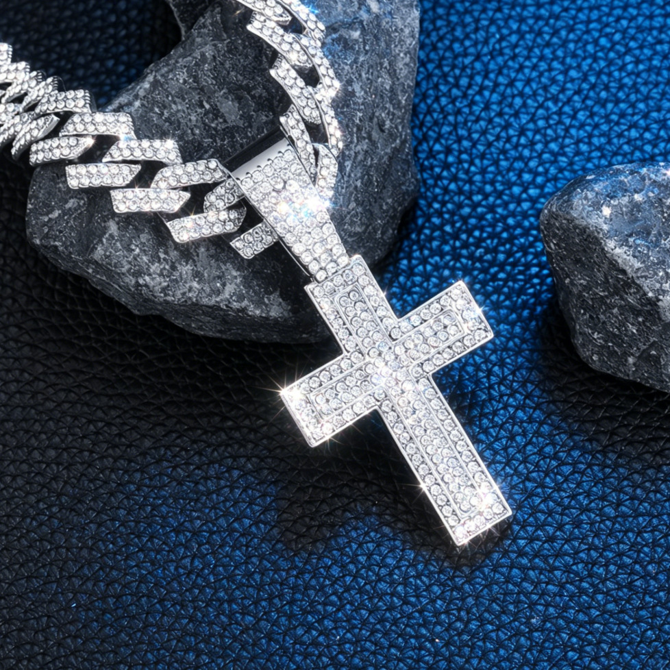 Hip-Hop Hot-Selling Alloy Full Diamond Cross Pendant Fashion Trend Rap Rhombus Men's Cuban Chain Necklace Jewelry