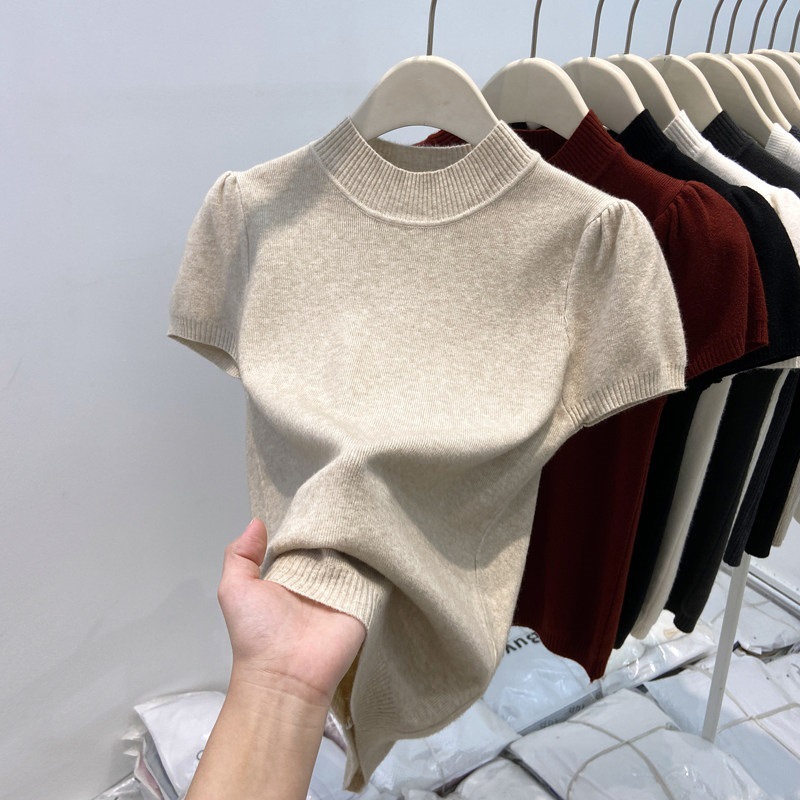 2026 Early Spring New Style Half-High Collar Short-Sleeve Knit Top for Women, Sweet and Unique Puff Sleeve Slim-Fit Blouse Ins