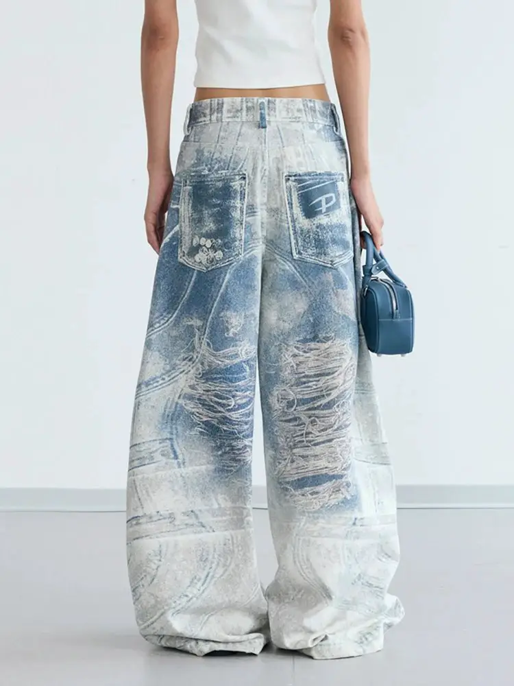 Peoplestyle Retro 3D Printed Jeans Key Chain Digital Conley Print Baggy Wide Leg Pants