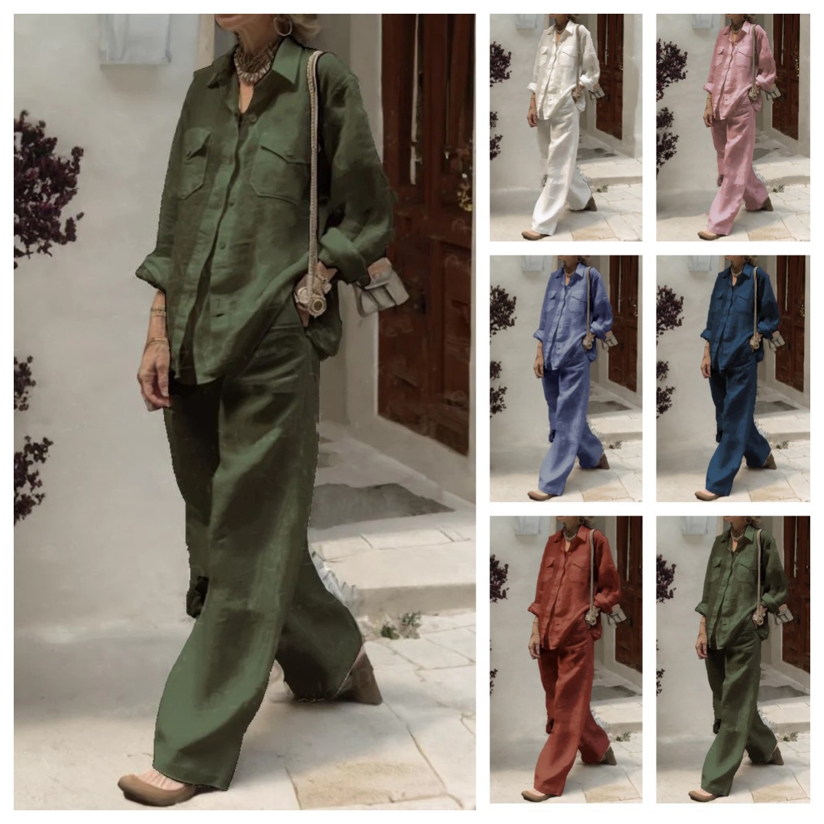 Cross-Border Amazon Foreign Trade Women's Clothing 2026 Spring New Fashion Set: Stylish Long-Sleeve Shirt and Loose Pants Two-Piece Set