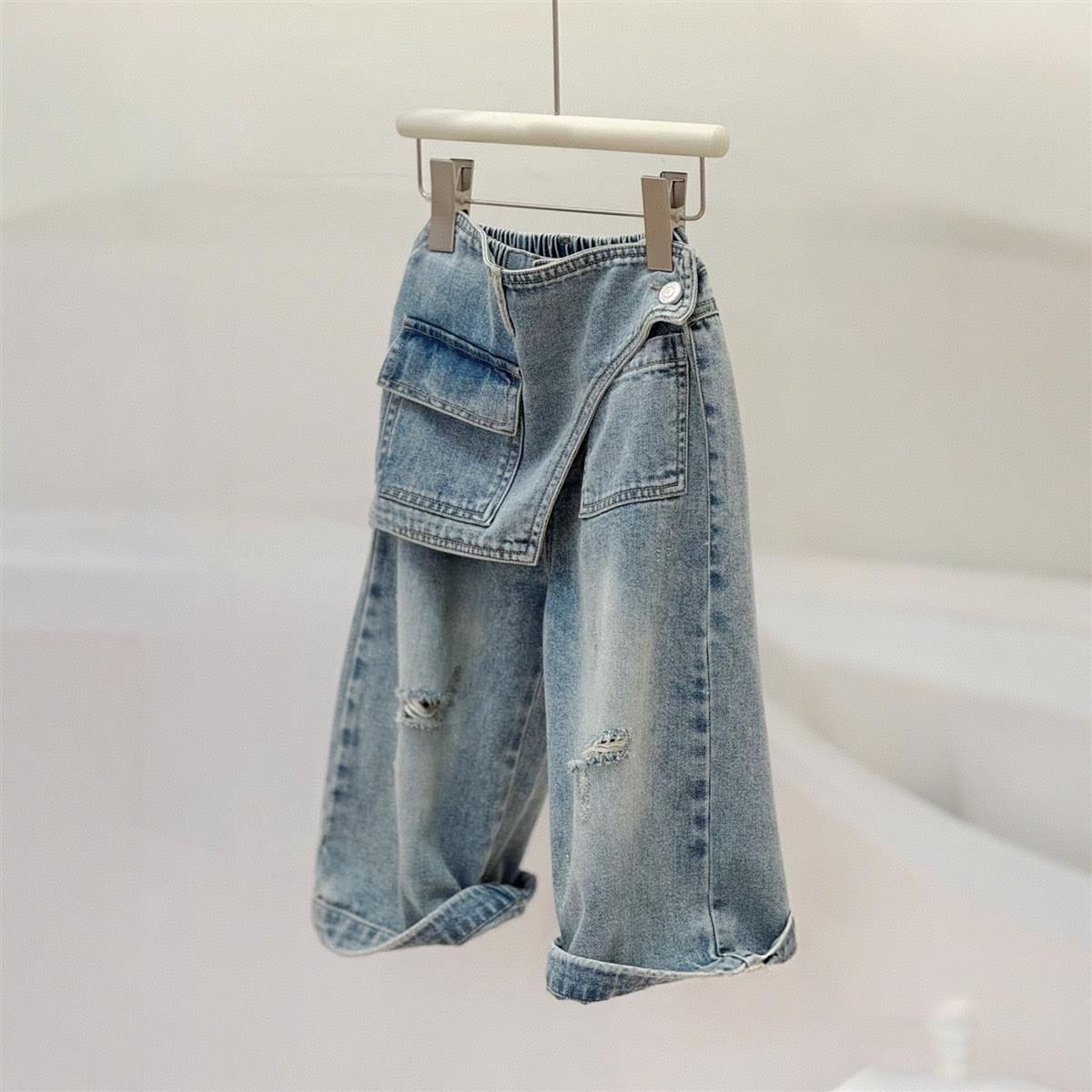 Spring and Autumn Girls' Denim Pants, Stylish Children's Trendy Ripped Skirt Pants with Faux Two-Piece Design, Fashionable Wide-Leg Skirt Pants