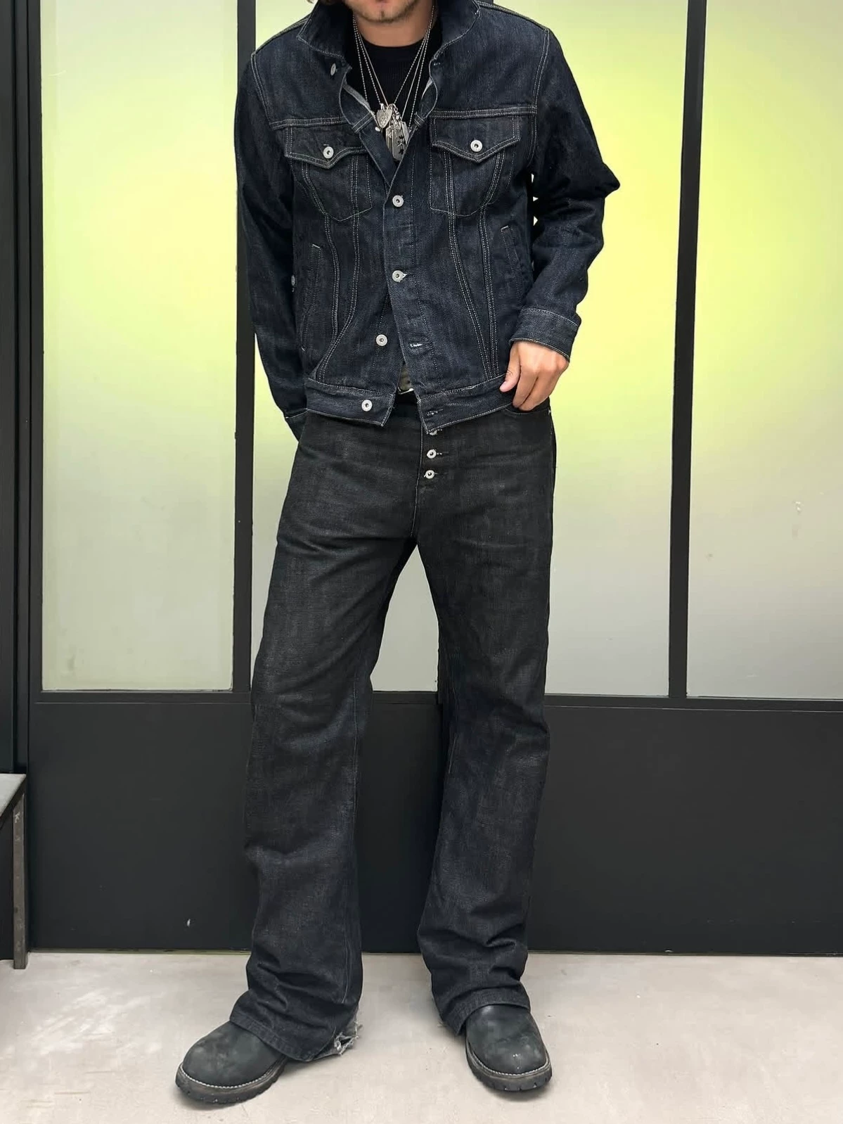 No Faith Studios Straight-Leg Flared Pure Black Raw Denim Button-Up Bootcut Pants Japanese Red-Edged Selvedge Jeans