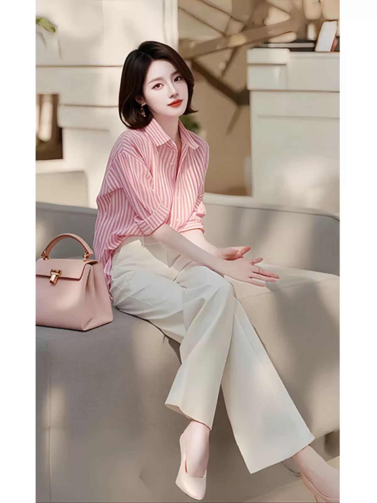 Niche design sense temperament Korean Yujie two-piece women's clothing early autumn new fashionable age-reducing striped shirt trousers