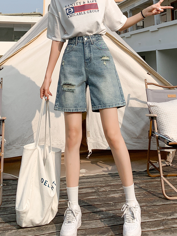 Women's wide-leg Denim shorts summer new pear-shaped high waist loose slimming A- line straight cropped pants ripped