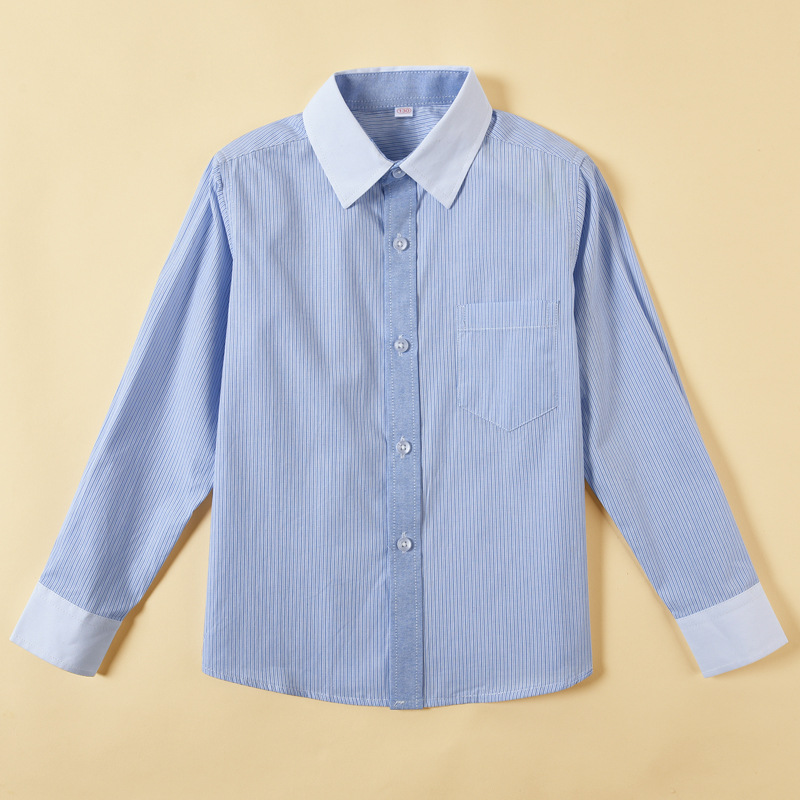 Boys' Shirt Spring and Autumn Children's Long Sleeve Blue Striped Student Uniform Big Children's Costsize Boy's Pure Cotton Shirt