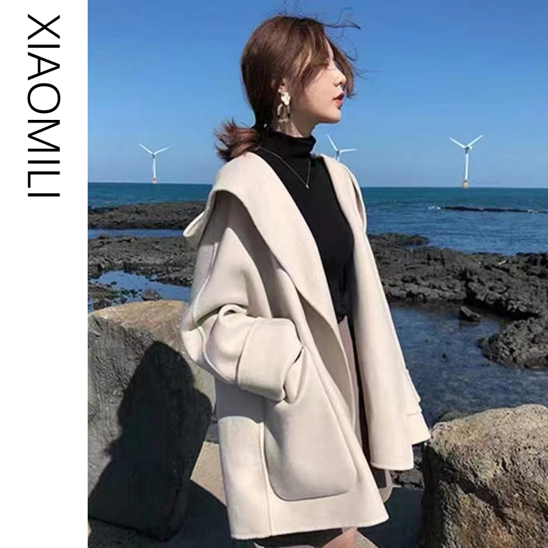 Off-White Woolen Coat for Women, Autumn and Winter, High-End Chanel-Style Double-Sided Wool Hooded Coat, Loose Outerwear