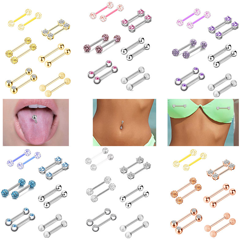 Cross-Border E-Commerce European and American New Style Micro-Inlaid Zircon Nipple Rings Sexy Double-Headed Barbell Tongue Rings Nipple Rings Tongue Rings Piercing Jewelry