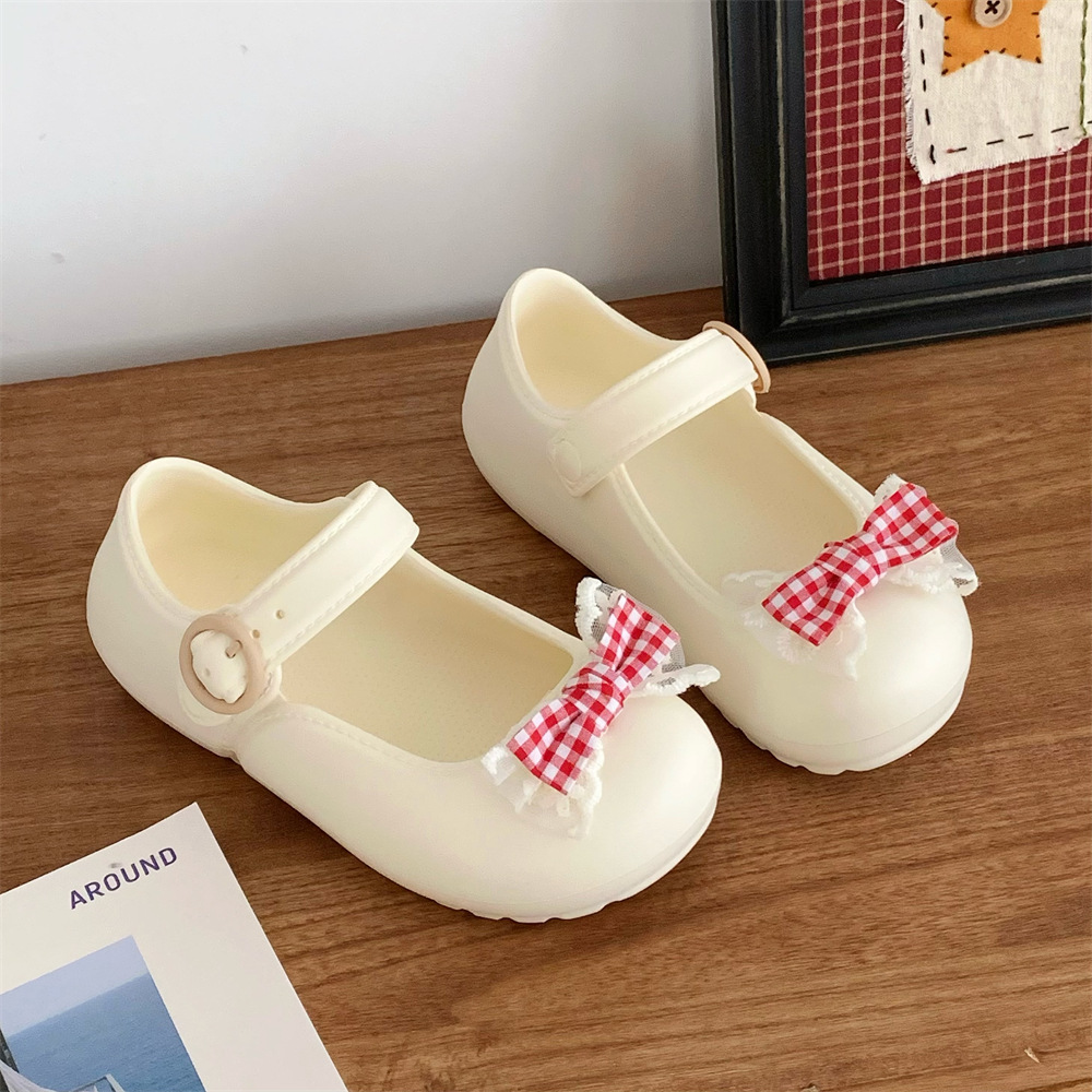 Summer Outdoor Soft-Soled Girly Heart Plaid Bow Lo Mary Jane Shoes Women's Sandals Ballet Flats Ins