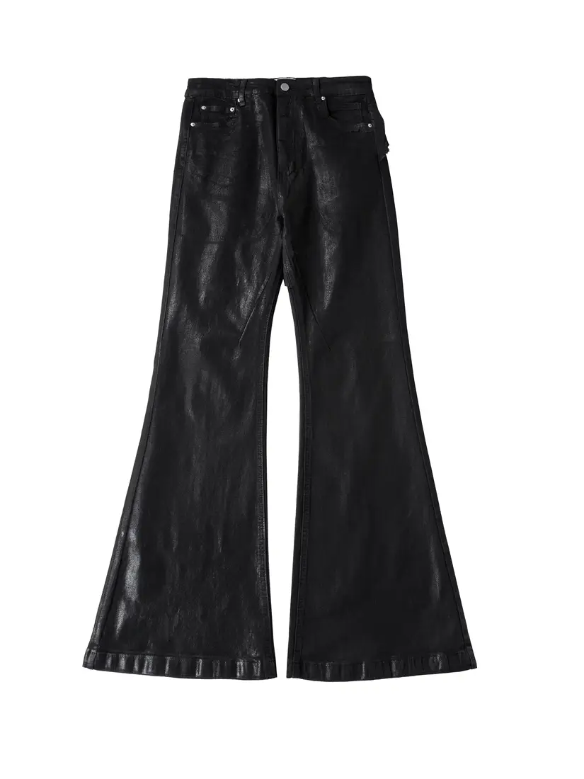 24Ssro Style Black Rubber-Coated Flared Jeans for Men, Dark Trendy Street Hip-Hop Stacked Floor-Length Wax Pants