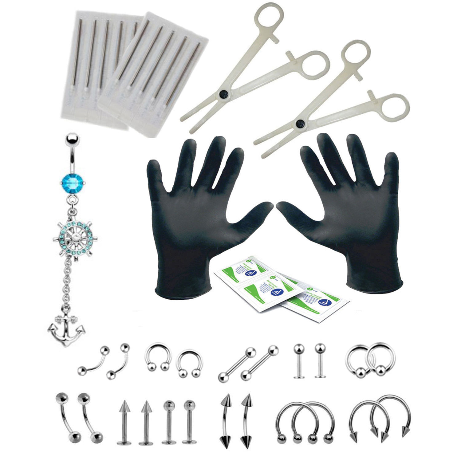 Cross-border e-commerce 14g 16g multiple combination piercing tools suit nose nail ear studs navel ring lip nail