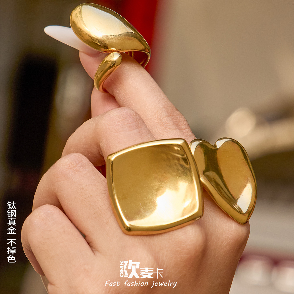 European and American Hot-Selling Stainless Steel Smooth Geometric Index Finger Ring Set, Pvd Plated with 18K Gold, Non-Fading, Fashionable and Simple Ring