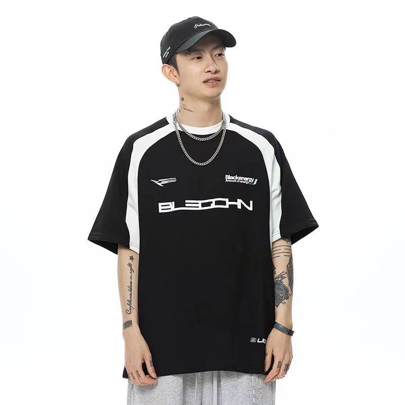 Original American street retro new racing element round neck pullover sweater black and white stitching new all-match long sleeve