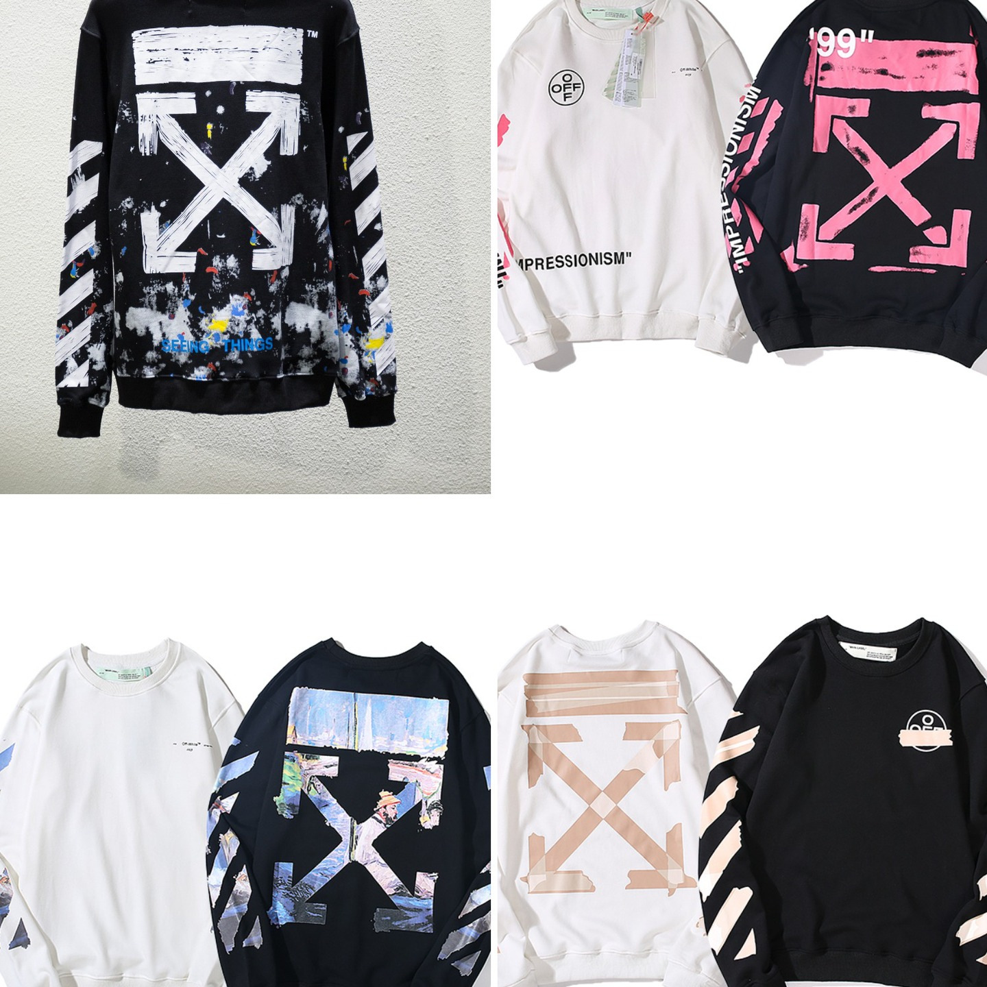Cross-Border Off-White Pure Cotton Terry Men's and Women's Printed Round Neck Pullover Sweatshirt Ow Spring & Fall