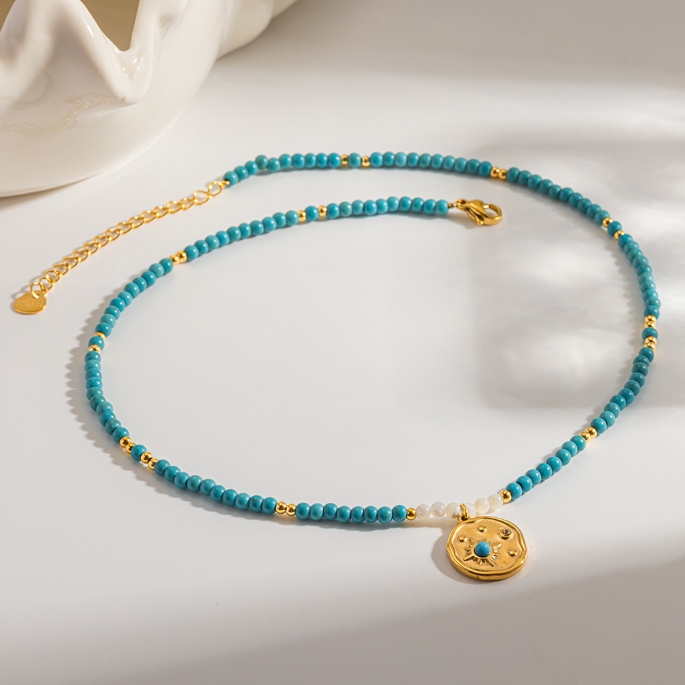 Cross-Border Vintage Natural Stone Turquoise Beaded Necklace with Gold-Plated Stainless Steel Starburst Round Pendant Layered Choker for Women