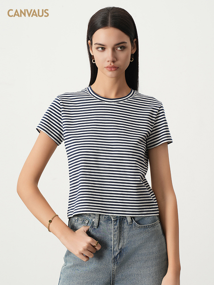 CANVAUS New Arrival Navy Striped T-Shirt Women's Short Sleeve Retro American Style Casual Spring and Summer Stretch Cotton Top