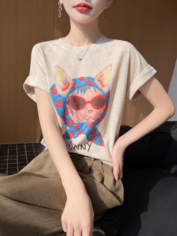 Korean Retro Fun Sunglasses Cat Print Short-Sleeved T-Shirt for Women Summer Thin Loose Round Neck Vest for Age Reduction