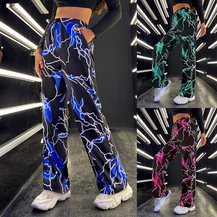 Cross-Border 2026 New Summer Trendy Women's Sports Pants Long Pants Printed Lightning Casual Dance Straight Wide-Leg Pants for Women