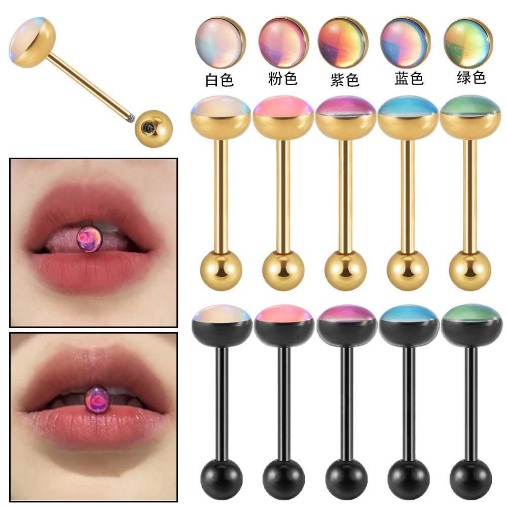 Cross-border Gold plating 14/16G straight rod tongue nail external thread multi-color flash oil dripping tongue ring puncture external tooth tongue nail
