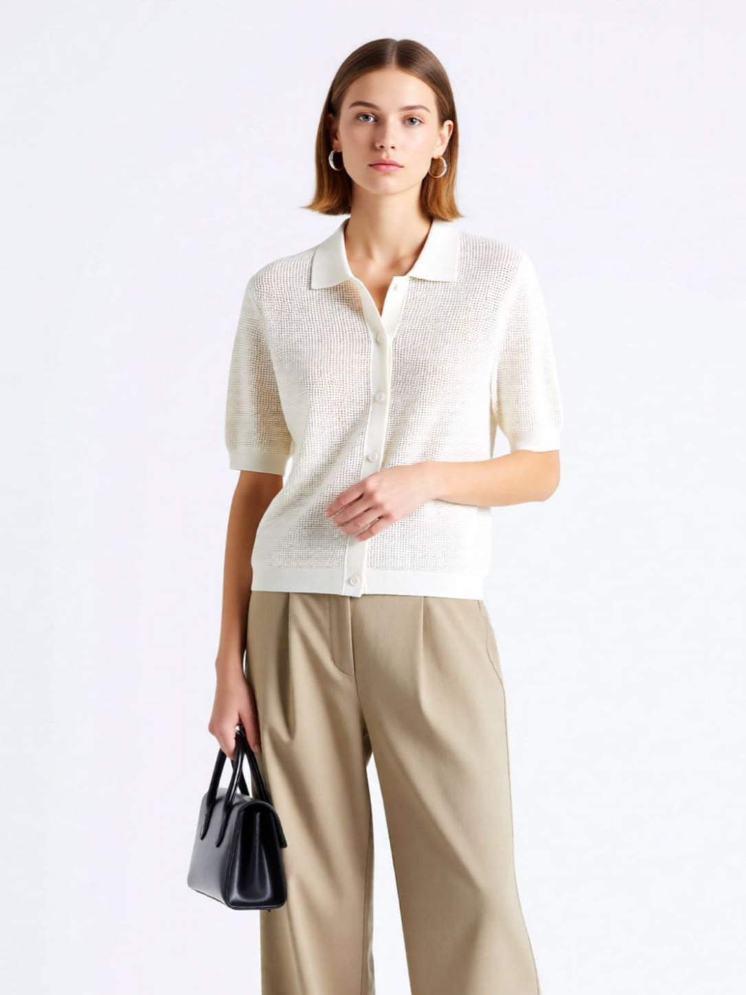 Assemblylb Same Style Tencel Acetate Blend Knit Cardigan for Women, Summer Thin Style, Old Money Style, Turn-Down Collar, Hollow-Out Short Sleeves