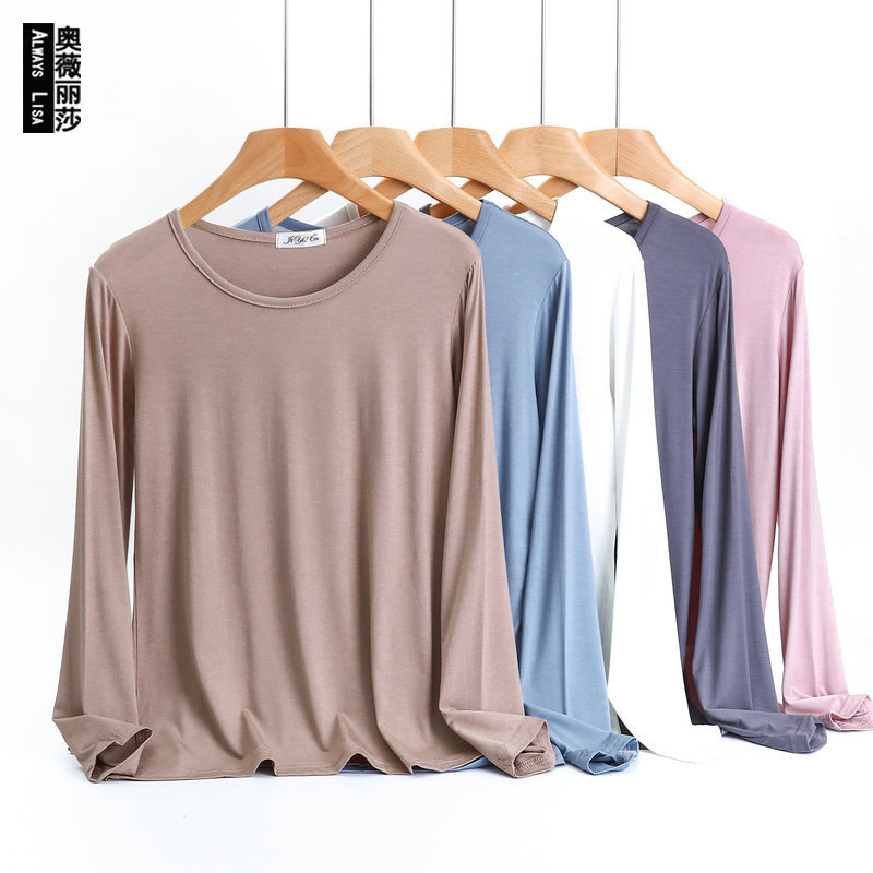 Plus-Size Modal Round-Neck Base Layer T-Shirt for Women, Spring and Autumn Thin Long-Sleeve Top