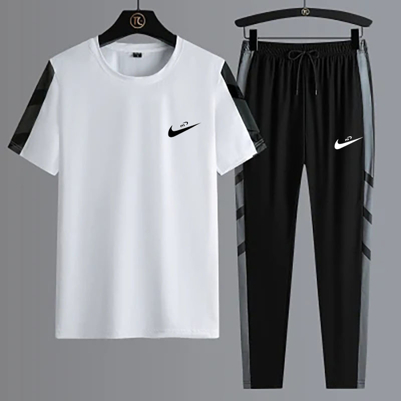 Short-sleeved suit Men's Ice Silk T-shirt Casual Sports Men's Two-piece Set Summer New Trousers Fashion Brand Quick-drying Men's Clothing
