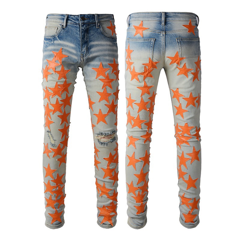 Fashionable Casual Slim-Fit Stylish Men's Jeans with Pu Star Patches, Patchwork Design, Trendy American High Street Ripped Star Details