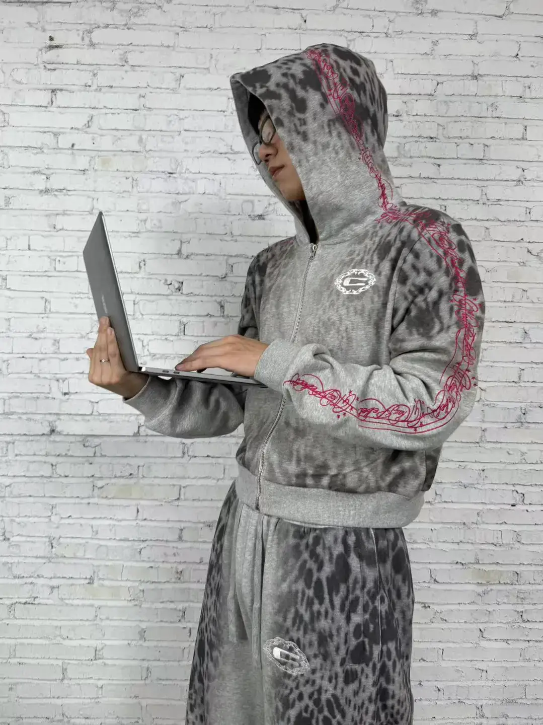 CHAI (Dismantled) 25AW C Leopard Print Direct Injection Star Embroider Print Grey Loose pure cotton Sports Suit
