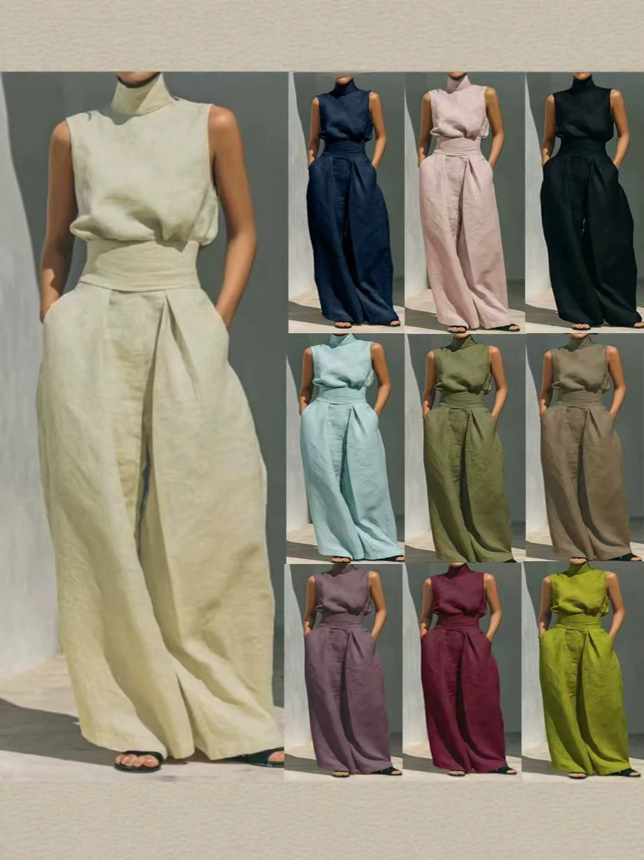 In-Stock European and American Cross-Border Foreign Trade Summer Solid Color Vacation Style Cotton-Linen Blend Sleeveless Top and Wide-Leg Pants Set for Women