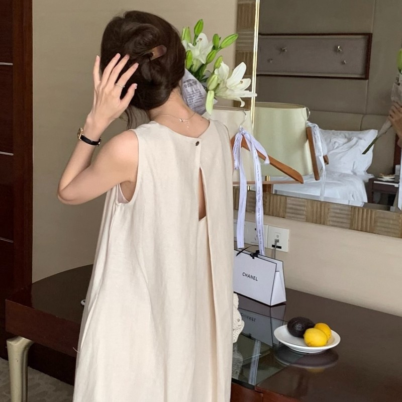 Summer Women's Clothing Batch New Style Chic Cut Out Backless Simple Elegant Mid-Length Round Neck Vest Sleeveless Dress