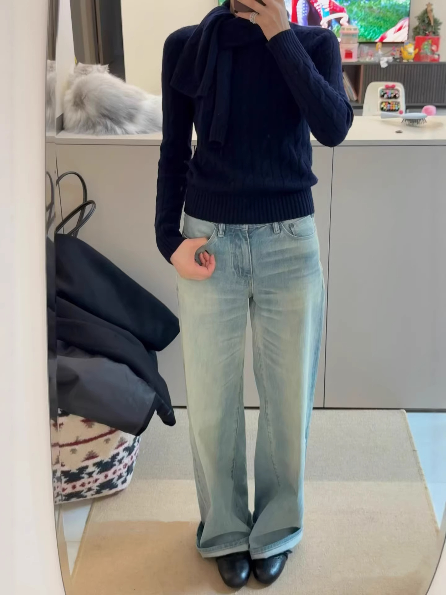 New Versatile Light Blue Drapey Trousers 005L Low-Waist Straight Retro Distressed Washed Jeans for Women 6000