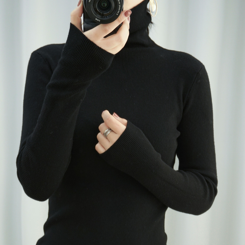 Autumn and Winter new western style turtleneck sweater women's pullover short long sleeve slim fit tight pile student knitted bottoming shirt