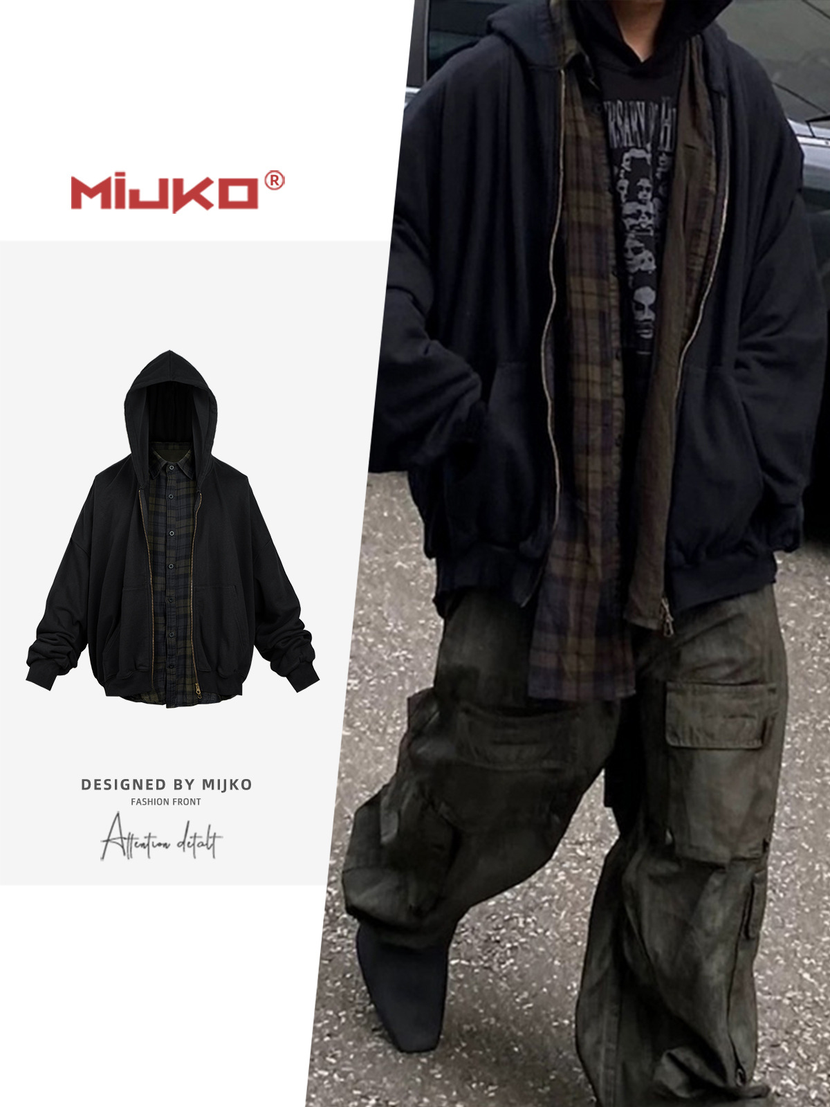 MIJKO men's clothing women's autumn and winter new pattern fake two-piece shirt stitching cardigan men's and women's heavy hooded sweater