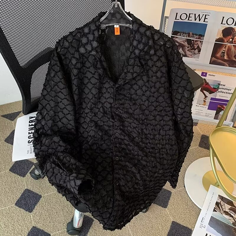Abstinence Style Shirt Men's Design Sense Elegant Light Luxury Rhombic Hollow Sunscreen Shirt Long-sleeved Translucent Shirt for Men and Women