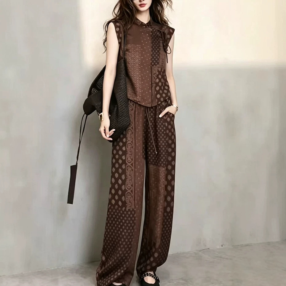 Shenzhen Nanyou 26 Old Money Style Silk Xiangyunsha Set with Stand Collar and Tie Design, Sleeveless Top and Elastic Waist Pants