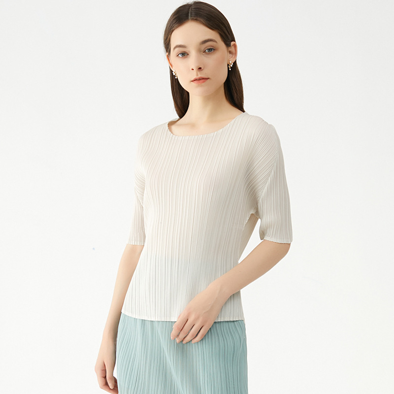 Miyake Summer New K-Style Simple Basic Pure Color Round Neck Pleated T-Shirt Slim Fit Bottoming Shirt Top