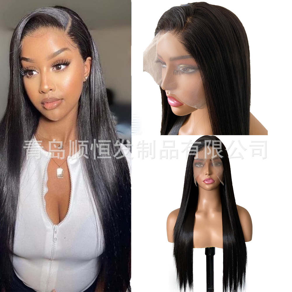 European and American wig black long straight hair 13*4 front lace chemical fiber high temperature Japanese silk headgear lace front wig