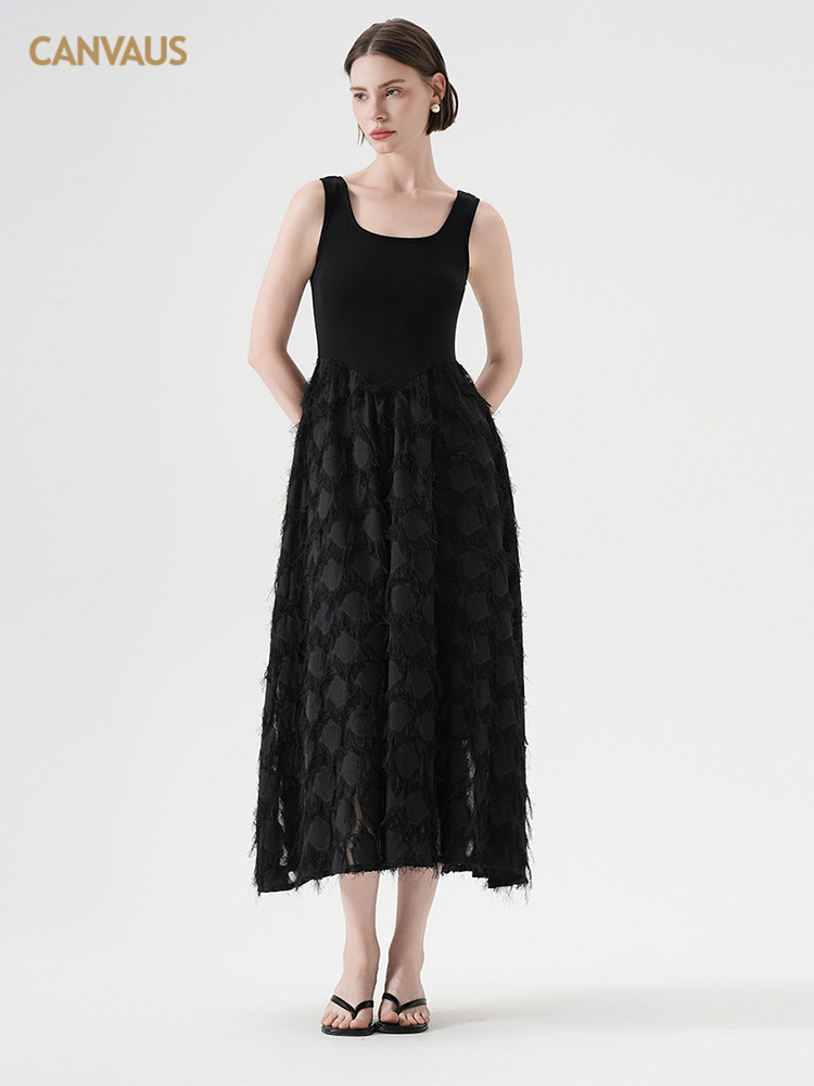 CANVAUS Women's New Fashion U-Neck Chiffon Jacquard Tassel Camisole dress Sleeveless Midi Dress