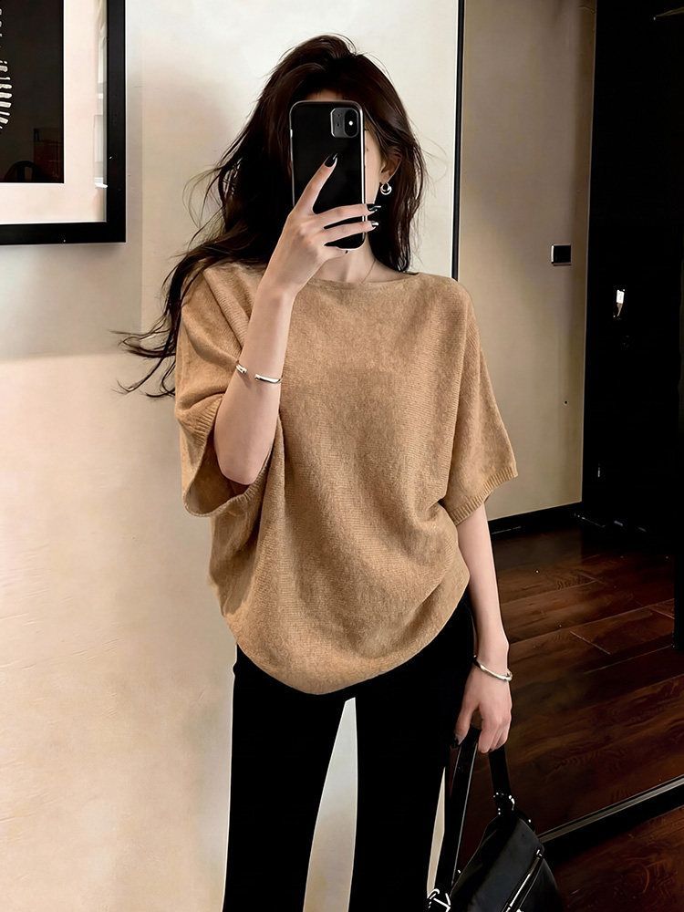 Summer Camel-Colored Half-Sleeve Cool Silk Knit Top for Women, Loose and Stylish Design, Regular Shoulder Short-Sleeve T-Shirt Women's Top