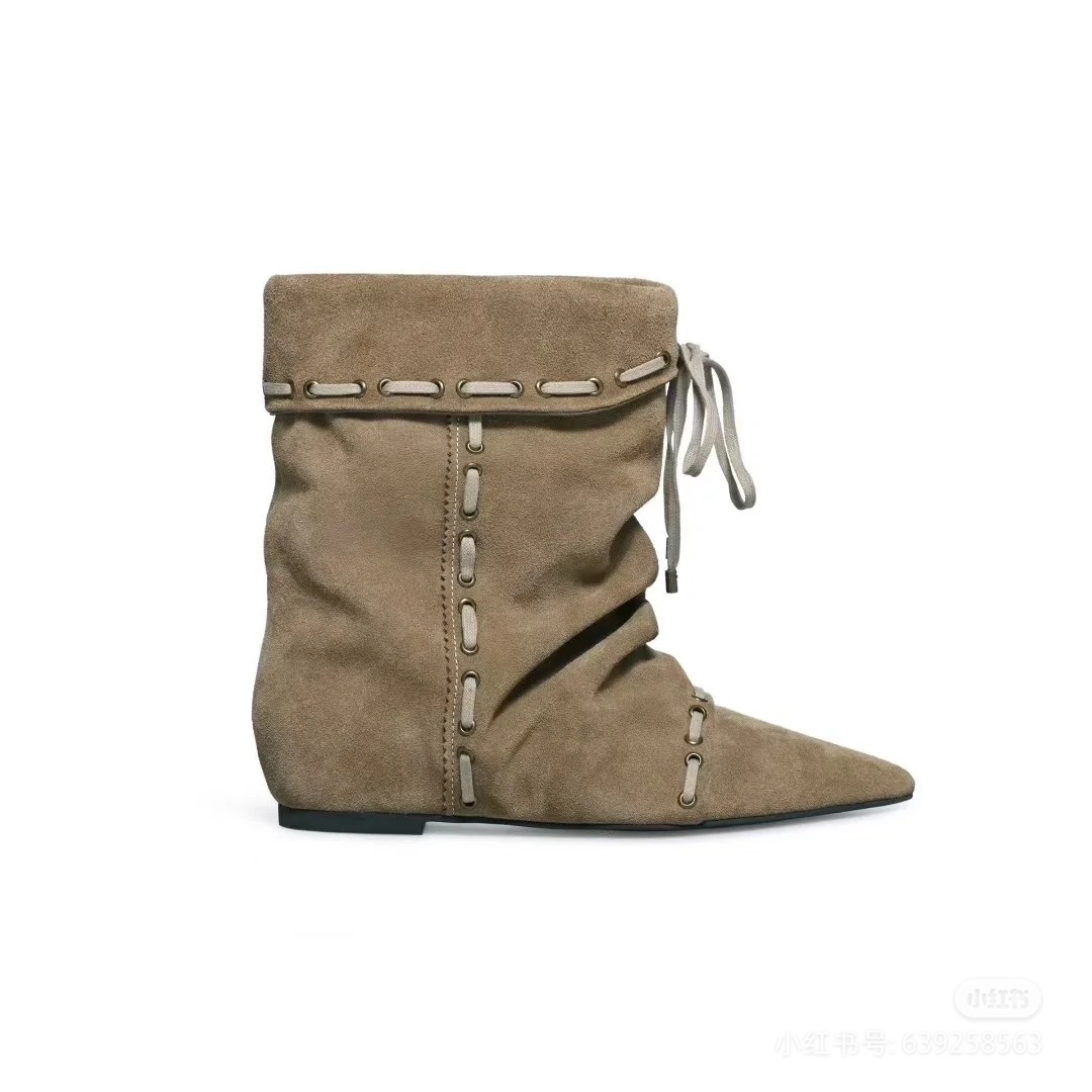French-Style Hidden Heel Pointed-Toe Flat Short Boots for Women, 2026 Autumn and Winter New Versatile Fashion Comfortable Slouch Boots
