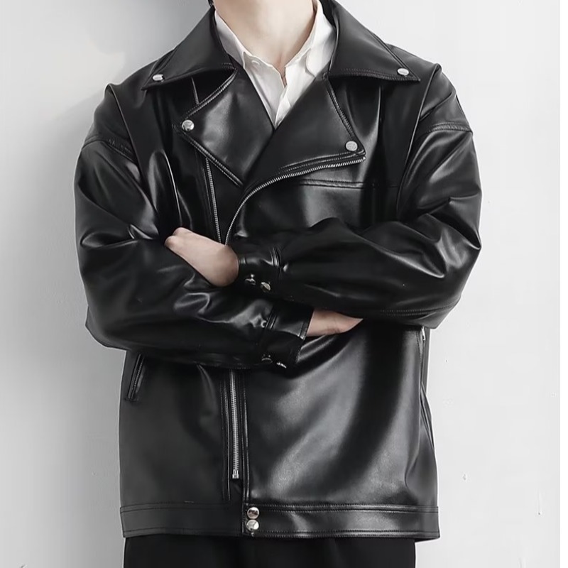 Trendy Brand Motorcycle PU Leather Men's Loose Lapel Motorcycle Suit Autumn and Winter Aviator Leather Jacket Coat Trendy Leather Shirt