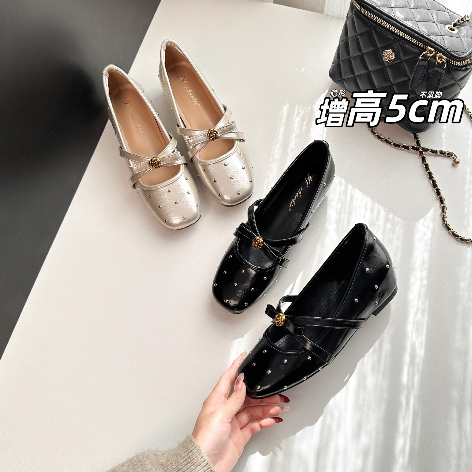 5cm Height-Increasing Camellia Cross-Strap Flat Shoes for Women, 2026 New Style, Elegant Rhinestone Square-Toe Mary Jane Shoes