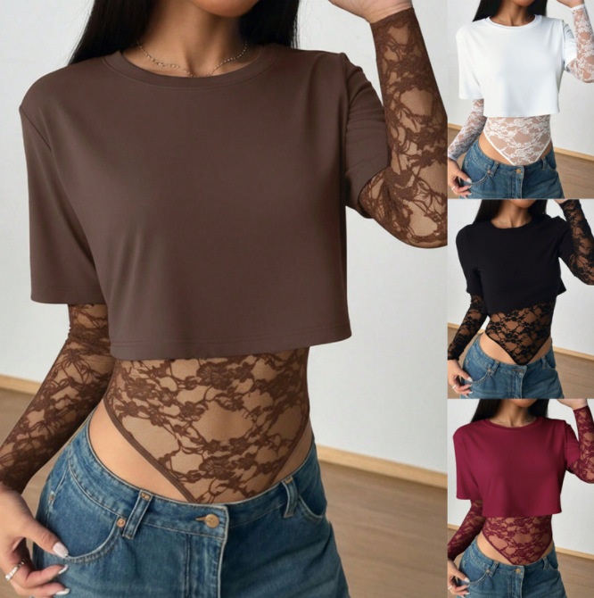 2026 Cross-Border European and American Amazon Fashion Sexy Style One-Piece Waist-Revealing Slim Lace Splicing Long-Sleeved Top