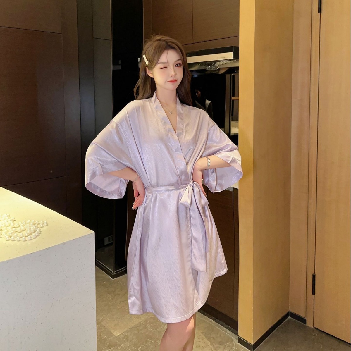 Nightgown for Women, Summer Thin Ice Silk Short-Sleeved Pajamas, Mid-Length Bathrobe, Kimono, 2026 New Summer Home Wear