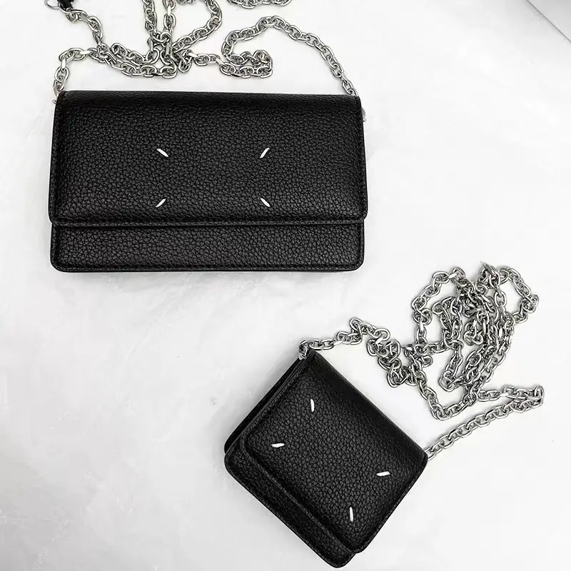 MMM Style 22ss New Arrival Black Four Corner Stitch Leather Wallet Metal Chain Litchi Pattern Backpack Satchel for Women
