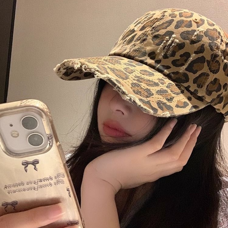 Vintage Leopard Print Korean Baseball Cap Women Scrub Cap Soft Top Y2K Casual Face Ins Spice Girls
