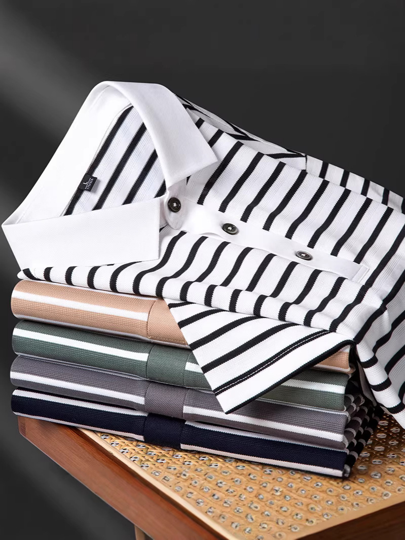 Zebra-Striped Polo Shirt Short-Sleeved Top Knitted Pullover Summer Lyocell Cotton Mulberry Silk Linen Half-Sleeved T-Shirt