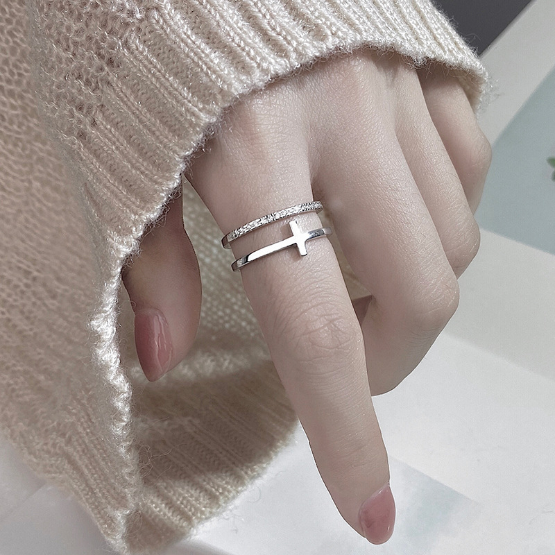Cross Ring for Women, Adjustable Open Design, Double-Layer, Single Ring for Index Finger, Jewelry in Rose Gold with Zircon, Stackable
